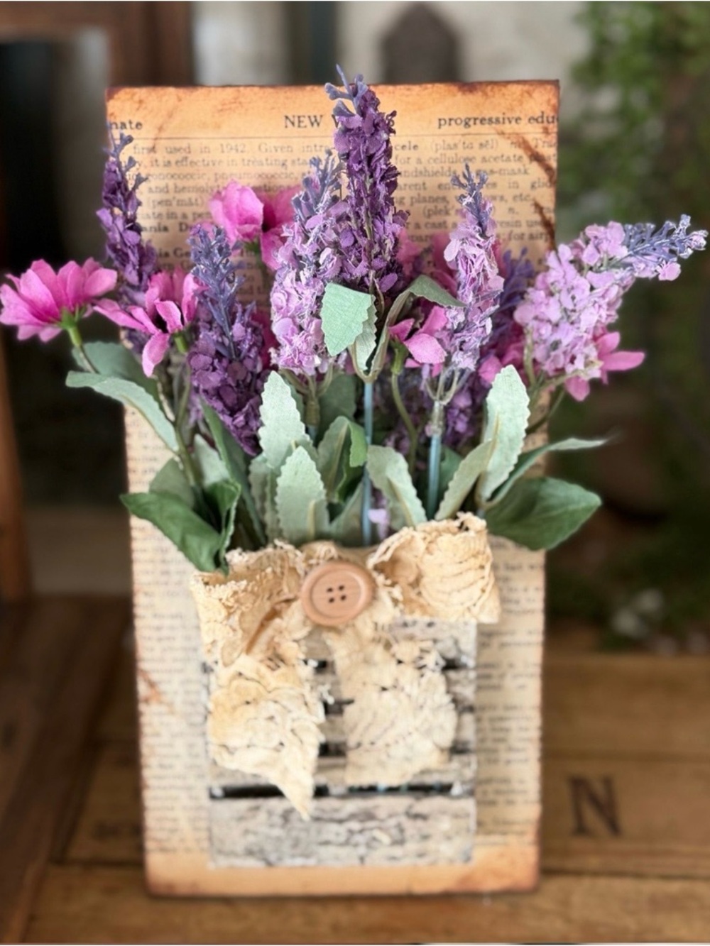 Rustic Lavender & Pink Floral Wall Pocket by Pickitz Crafts